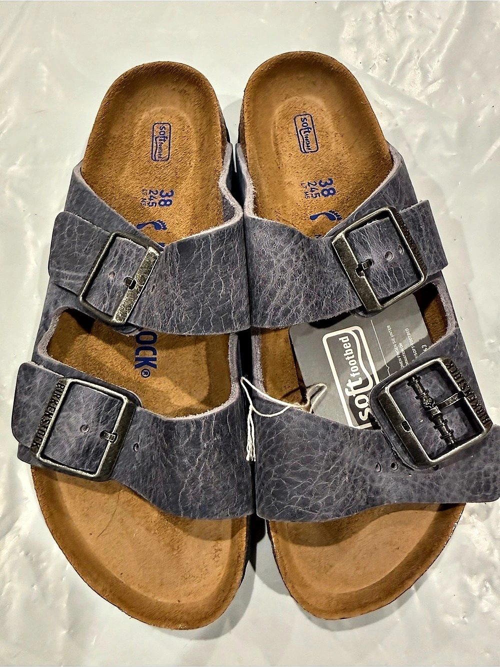 Birkenstock Arizona Soft Footbed waxy Leather Sandals EU 38 Dusty blue new